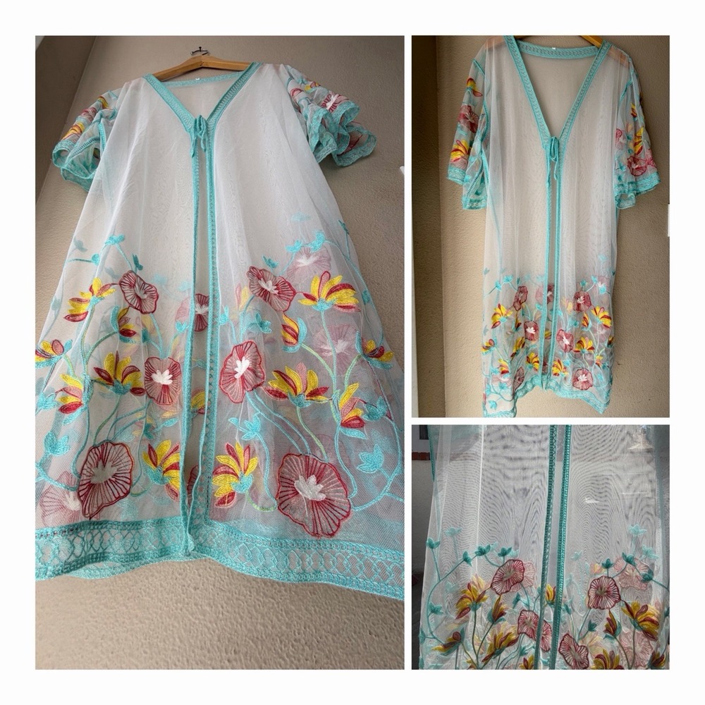 Embroidered Sheer Mesh Kimono CoverUp Floral Aqua Boho Duster TieFront OS Beachy